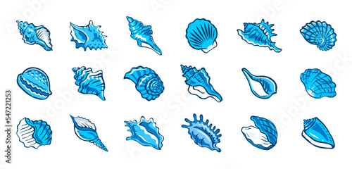 Seashells set. Snail sea shell. Marine underwater twisted seashell. Spiral shape. Undersea mollusc. Animal and wildlife. Cartoon vector isolated art illustration hand drawn