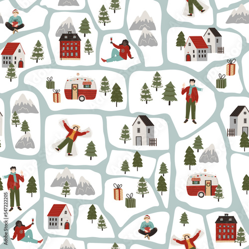 Vector seamless pattern with winter map  Christmas trees  celebration people  buildings and mountains. Cartoon Illustration for Background  wallpaper  wrapping paper