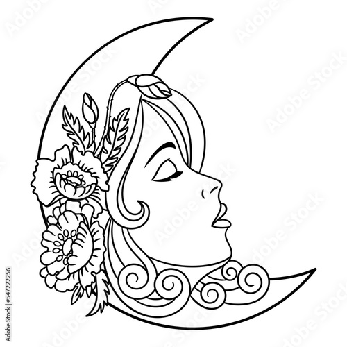 Floral half moon. Crescent with girl face and poppy wild flowers. Adult coloring book page in mandala style.