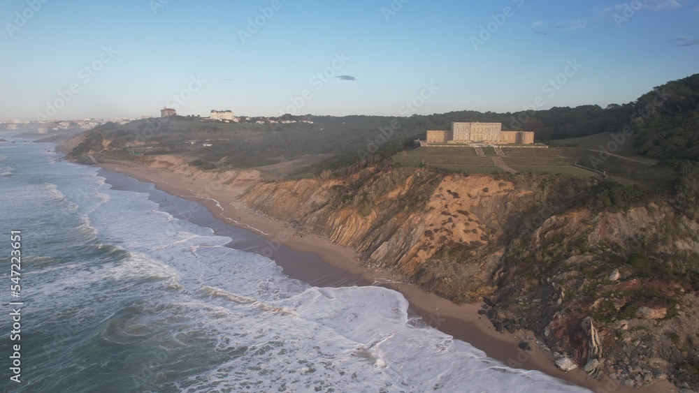 FRENCH DRONE France, aerial view, beach in the southwest, artistic sunset with no one, superbe beach and dramatic cine movie scene in Bidart