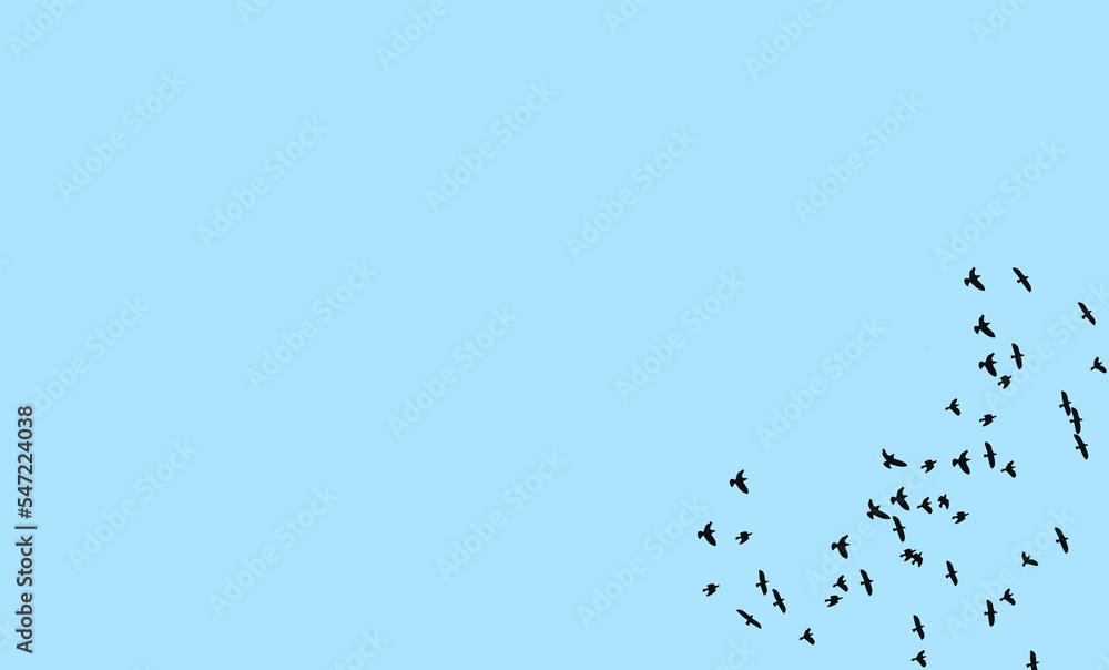 Black birds on a blue background. Banner, illustration. Black birds on a blue background. Banner, illustration.