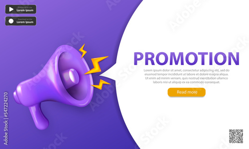 Editable template of landing page with 3d purple shouting megaphone, qr code, text and button. Bright promotion banner with three dimensional realistic loudspeaker, bullhorn, loudhailer.