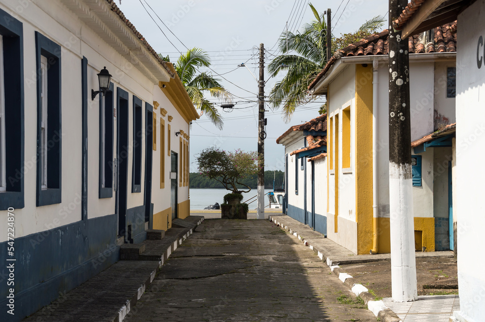 Old colorful buildings in the historic center of Cananeia in Brazil