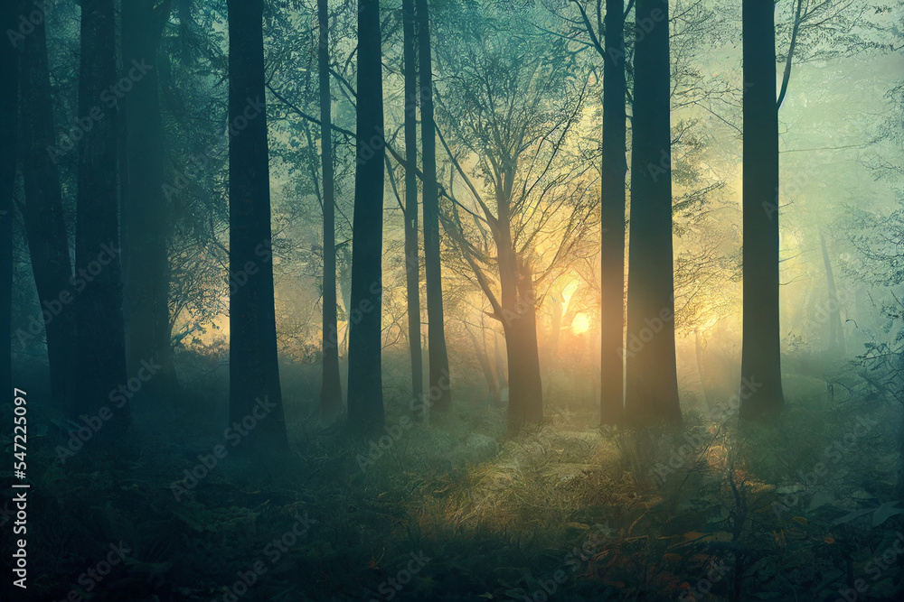 Fototapeta premium Misty Foggy morning in the forest