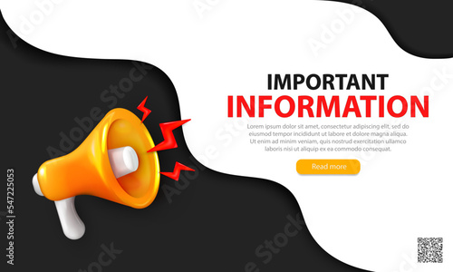 Promotion dark web banner with realistic yellow loudspeaker shouting an important information Editable template of landing page with 3d megaphone for advertising