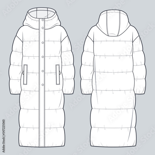 Unisex Puffer Coat technical fashion Illustration. Hooded quilted padded down Jacket technical drawing template, long sleeve, pocket, front and back view, white, women, men, unisex CAD mockup.