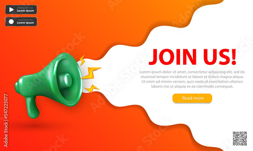 We're hiring web banner with 3d glossy shouting  megaphone, text (join us) and buttons. Orange landing page with realistic green loudspeaker for advertisement, job offering, recruiting, employment