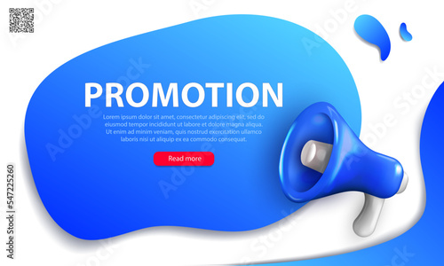 Editable template of landing page with 3d blue shouting megaphone, qr code, text and button. Bright promotion banner with three dimensional realistic loudspeaker, bullhorn, loudhailer.