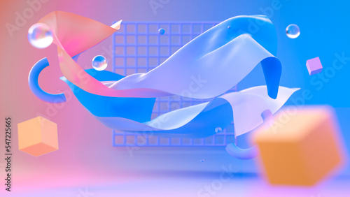 Abstract background with fabric and geometric shapes floating in the air - 3D illustration