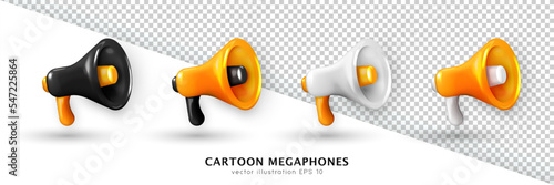 Set of yellow, white and black 3d megaphones isolated on white and transparent background. 3d rendering vector loudspeaker for announcement. Realistic portable bullhorn, loudhailer, speaking trumpet