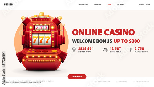 Online casino, white banner with volumetric red slot machine and interface elements