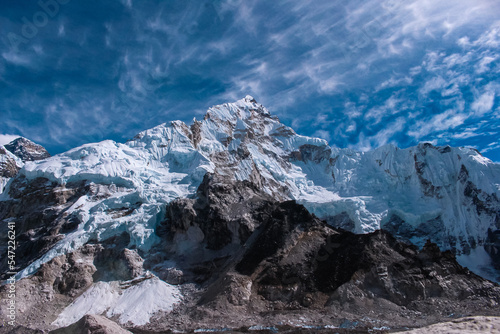 Khumbu Glacier, Mt. Everest, Mt. Muptse, Mt. Lhotse seen from Everest Base Camp in Solukhumbu, Nepal
