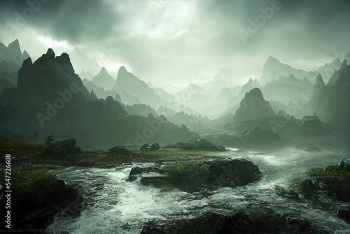 fantasy rock mountain in Norse Mythology, darkness