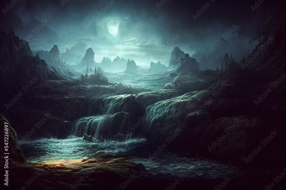 Naklejka premium fantasy rock mountain waterfall in Norse Mythology, darkness
