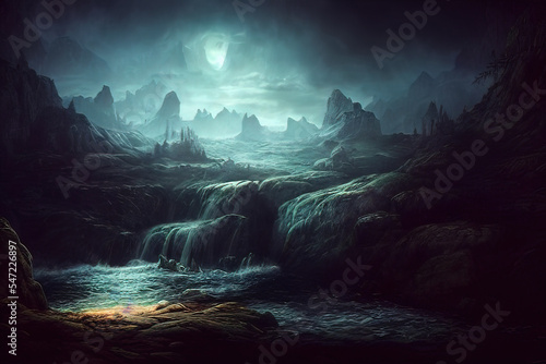 fantasy rock mountain waterfall in Norse Mythology, darkness