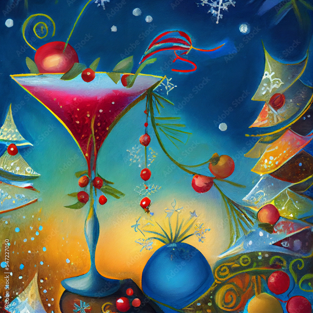 New Year  cocktail , playful holiday drink, whimsical art, digital painting