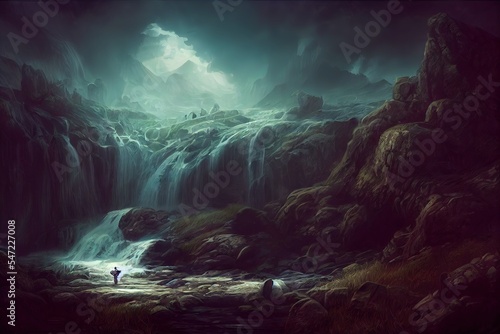 fantasy rock mountain waterfall in Norse Mythology  darkness