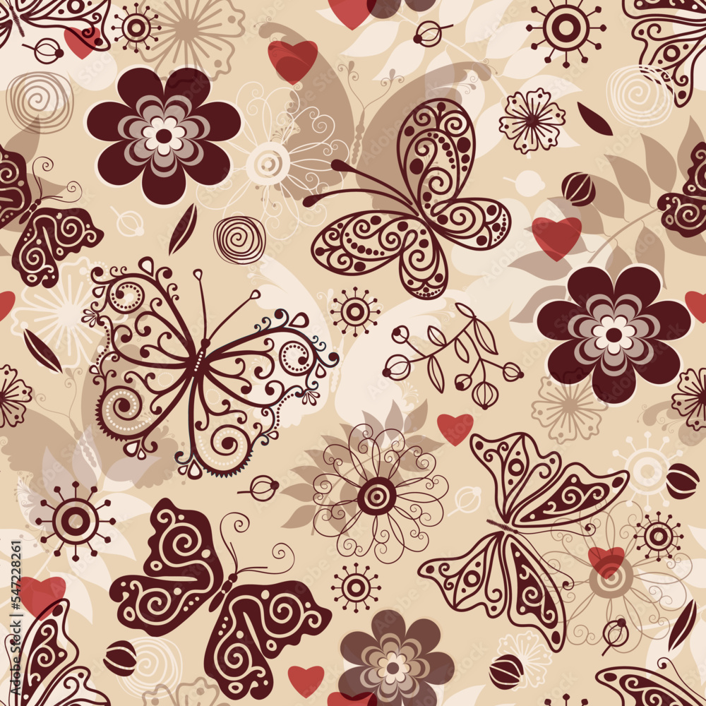 Seamless spring valentine floral pattern with butterflies on a light brown background. Vector eps 10