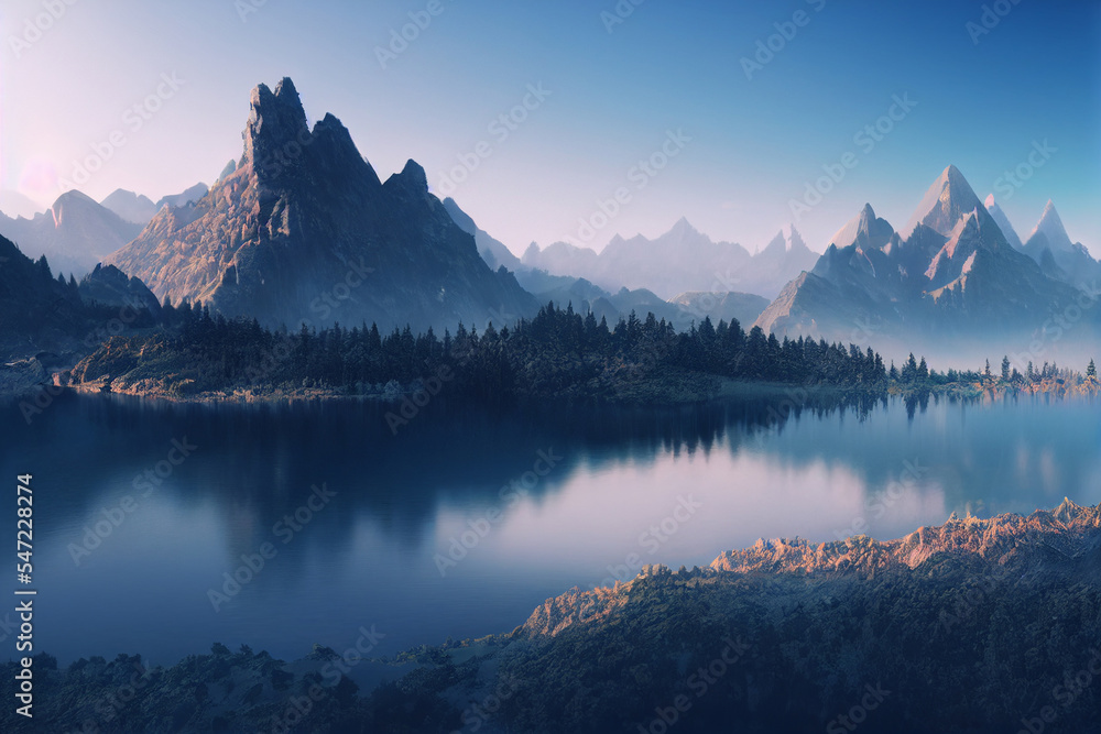Sunrise in the mountains beside the lake 