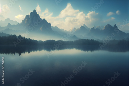 Sunrise in the mountains beside the lake 