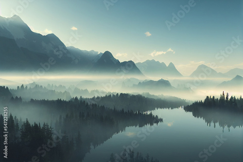 Sunrise in the mountains beside the lake 