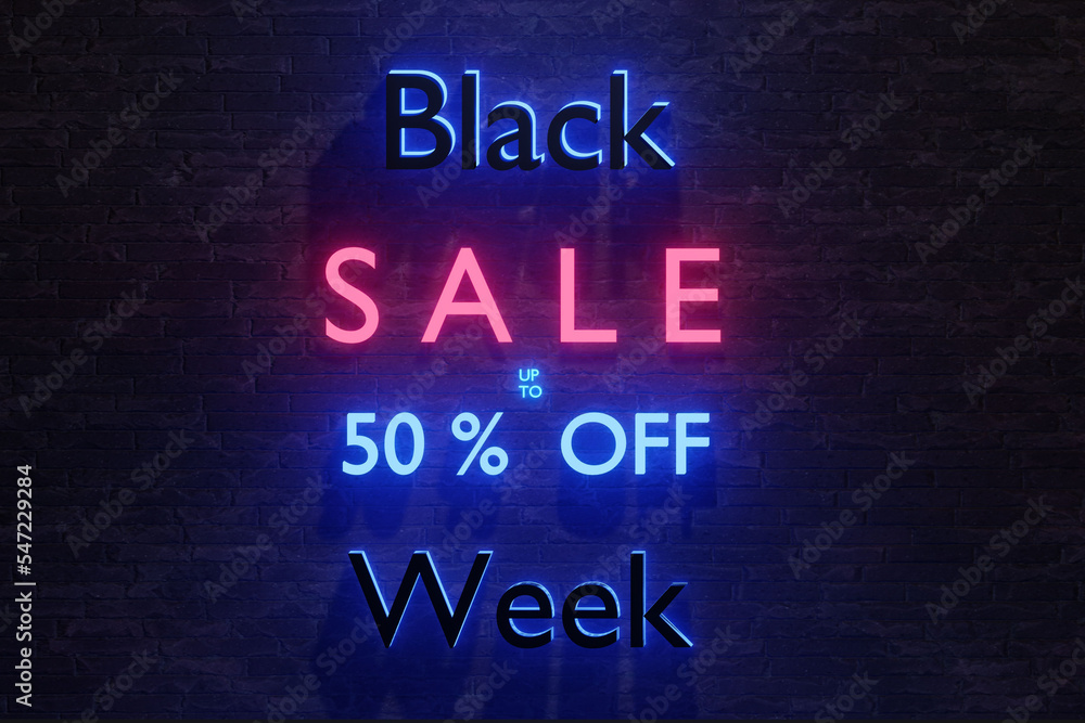 Black Week. Sale up to 50% off neon text on the wall. 3D render illustration. Black Week. Sale up to 50% off neon text on the wall. 3D render illustration.
