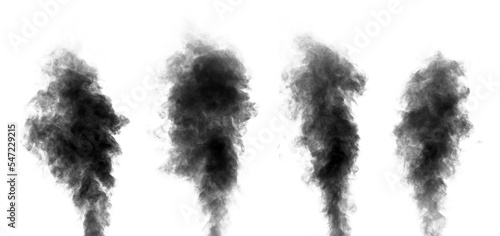 Set of black steam looking like smoke isolated on white background. Collection of clouds of black smoke.