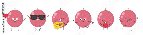 Gooseberry red juicy ripe set cute character cartoon delicious berry greet jump run sing smile face cheerful kawaii joy happy emotions icon vector illustration.