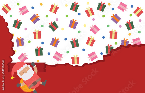 Christmas day white and red background wallpaper vector joyful lovely group of gift box and santa claus cut wallpaper for shopping online banner decoration for christmas day santa claus illustration.