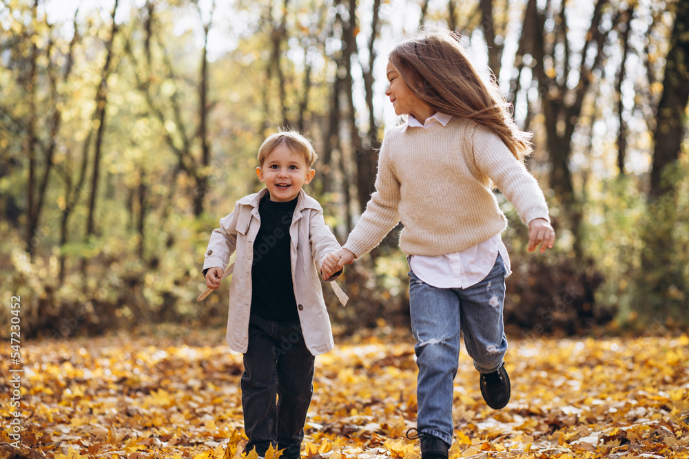 Brother with sister together in autumn park Brother with sister together in autumn park