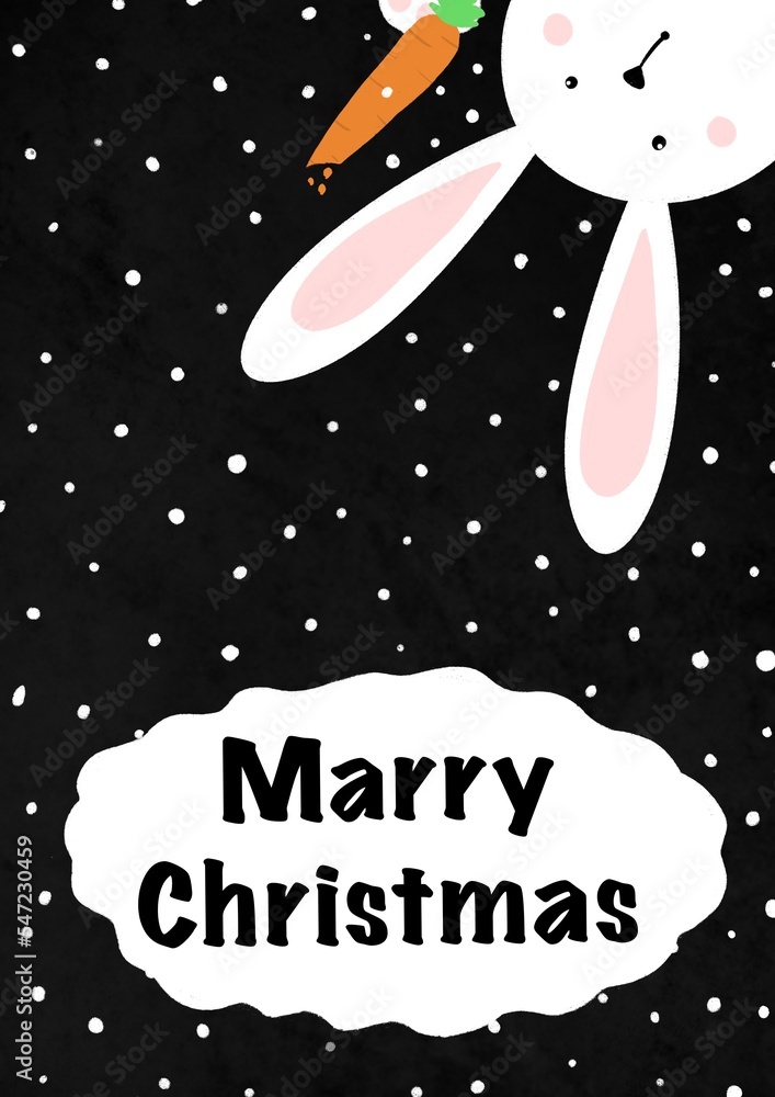 New Year illustration with a peeping rabbit . A symbol of the year. Digital illustration with snow on the background, with a greeting for the new year. Illustration can be used on flyers, banners