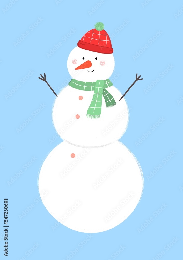 Funny snowman on a blue background. A doodle-style illustration made with curved lines. Design for greeting cards and other purposes.