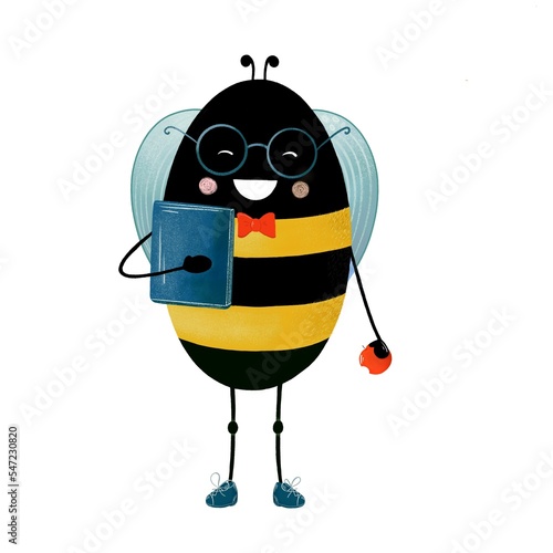 Funny bee pupil with books, with glasses, with an apple. Illustration drawn by hand.
