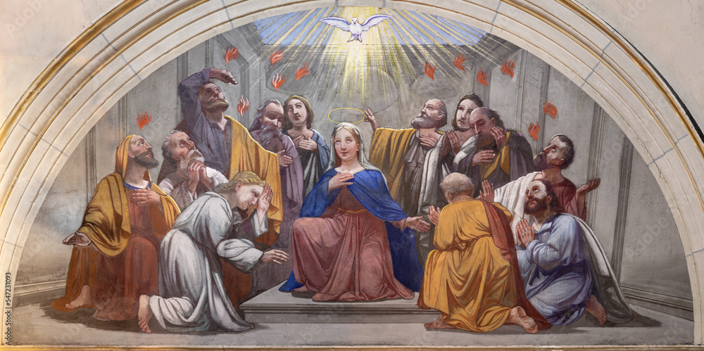 ANNECY, FRANCE - JULY 11, 2022: The  fresco of Pentecost in church Notre Dame de Lellis by J. Srellio (1948). - obrazy, fototapety, plakaty 