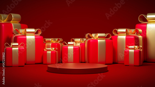 Wallpaper Mural stage for product placement In between several red gift boxes of different sizes. 3D Scene. Torontodigital.ca