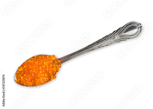 Red caviar in the silver spoon isolated on a white background with clipping path. Close up. Macro.