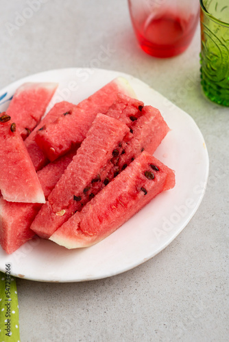 Close up of sliced watermelon on plate summer