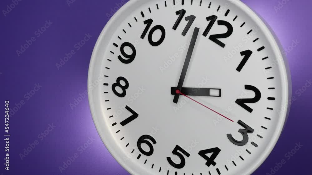A White Wall Clock On Purple Background With A Time Of 2.00 Am Or Pm. A Black Hands and Red Second Hand Of The Clock. Timelapse. 4k. ProRes. A White Wall Clock On Purple Background With A Time Of 2.00 Am Or Pm. A Black Hands and Red Second Hand Of The Clock. Timelapse. 4k. ProRes.
