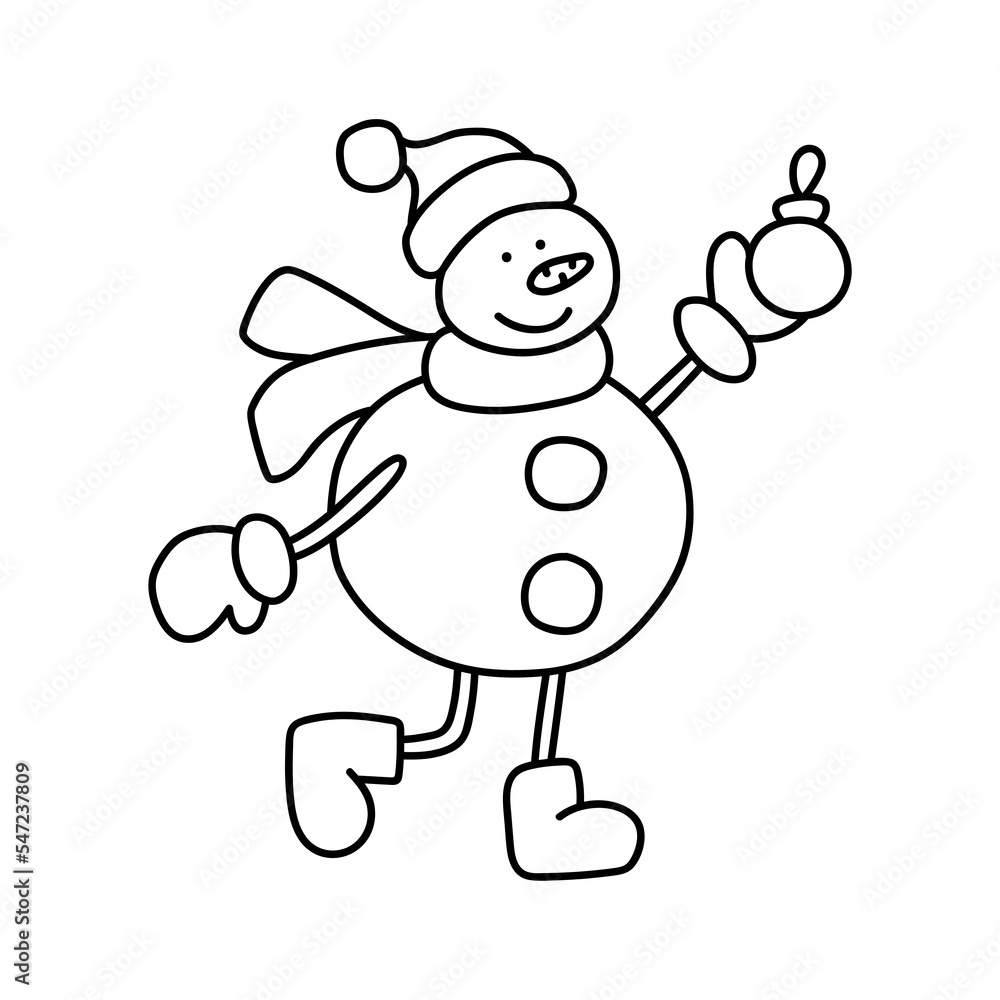 A cute snowman in a hat and scarf holds a Christmas tree toy in his hand. A stylized image of a winter character. Vector illustration in a doodle style. A cute snowman in a hat and scarf holds a Christmas tree toy in his hand. A stylized image of a winter character. Vector illustration in a doodle style.
