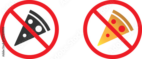 Pizza ban icon. Pizza in red crossed out circle. No food allowed icon. Flat vector illustration.