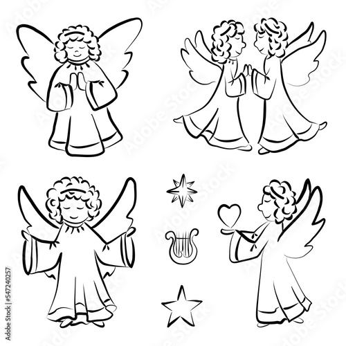 Set of angels of different shapes, contour drawing, sketch, coloring, black and white, for design, printing of different shapes, contour drawing, sketch, coloring, black and white, for design, printin