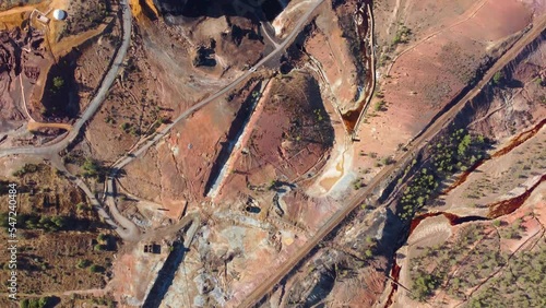 Aerial drone view of Mining activity. Apocalypse scenery. Earth destruction. Disruption of nature.  Extracting natural resources from the Earth to sell on the world market. Ecological disaster.