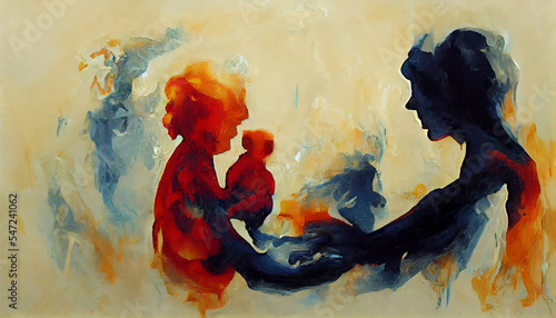 Mother and Kids Illustration in Earth Tone Color Background, Child and Mother Holding Hand Abstract Illustration	