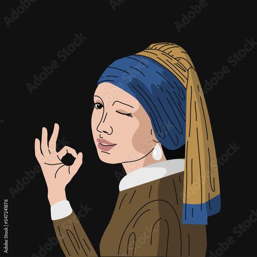 Girl with a pearl earring. Painting reproduction. Show gesture ok. drawn in vector. Print for clothes. Creative print on a T-shirt.