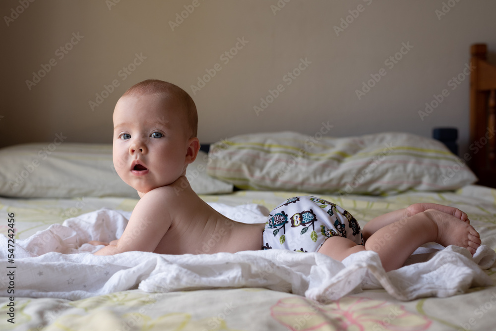 A happy, content baby lying on her stomach doing tummy time to strengthen  her back. She is wearing a modern, reusable cloth diaper foto de Stock |  Adobe Stock