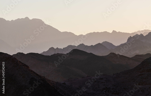 Dramatic layered mountains of Sinai in the evening. View from Dahab. Dahab  Sinai peninsula  Egypt