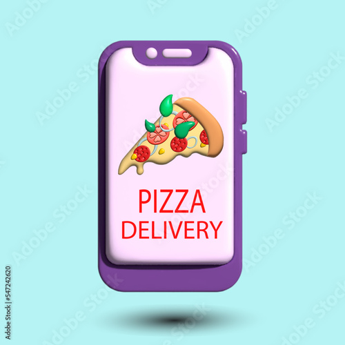  Pizza delivery in one click, buying pizza in a smartphone with home delivery, ordering pizza, pizza with salami, tomato, corn, and onion (3D illustration)