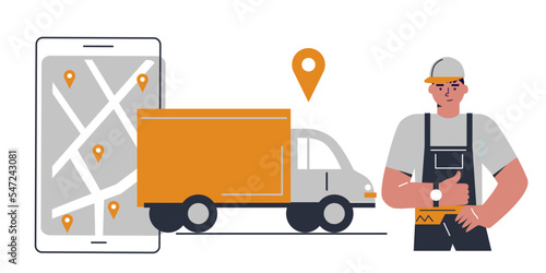 Company courier hold box with products, food, electronics. Order online delivery for commercial and private interests. Vector illustration in cartoon style