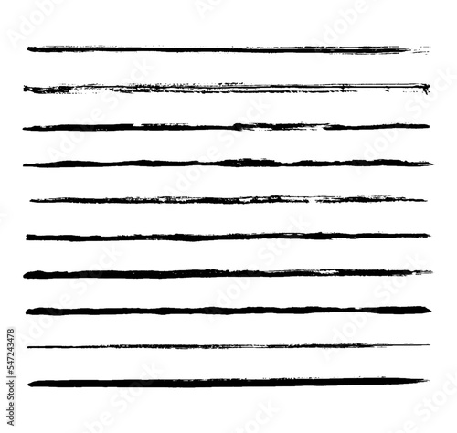 Set of 10 vector ink brushes. Collection of long brush strokes drawn by hand isolated on white background. Black horizontal stripes