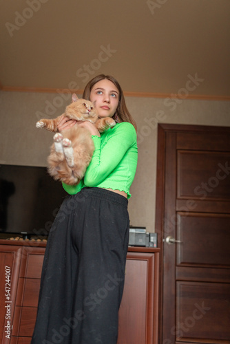 Portrait of a young beautiful blonde girl with a cat in her arms in a home studio.